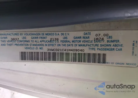 2001 Volkswagen New Beetle Gls 1.8L Turbo z USA, uszkodzony, nr VIN 3VWCD21C41M409040